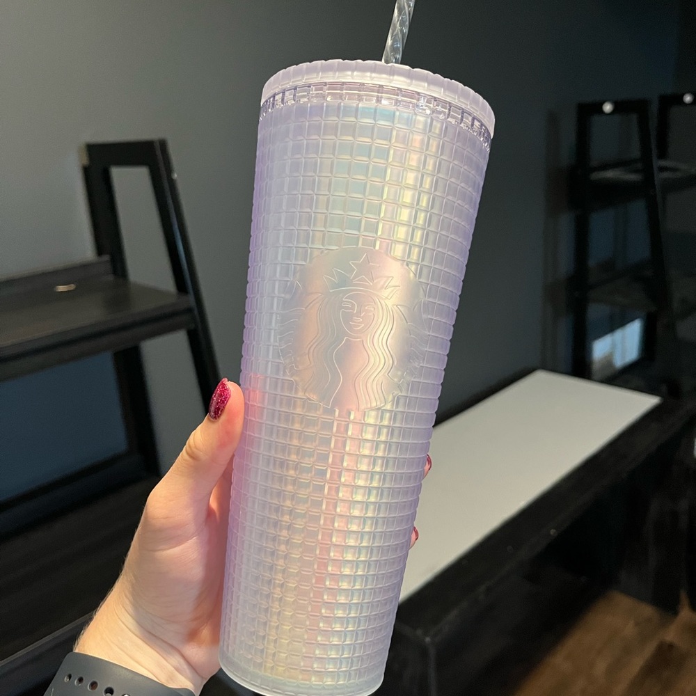 white iridescent starbucks cup